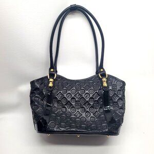 Marino Orlandi Black Embossed Leather Satchel Shoulder Bag Goldtone Zipper Italy